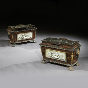 Extremely Rare Pair of Regency Cast-Iron Sarcophagus Shaped Strong Boxes