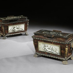 Extremely Rare Pair of Regency Cast-Iron Sarcophagus Shaped Strong Boxes