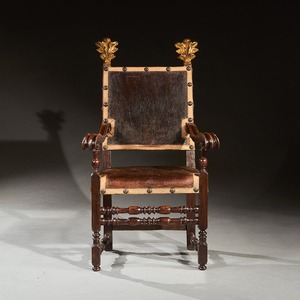 Pair of 17th Century Italian Baroque Parcel-Gilt Walnut Leather Armchairs