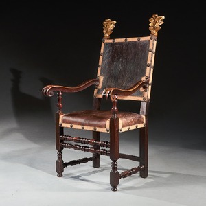Pair of 17th Century Italian Baroque Parcel-Gilt Walnut Leather Armchairs