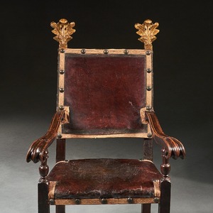 Pair of 17th Century Italian Baroque Parcel-Gilt Walnut Leather Armchairs