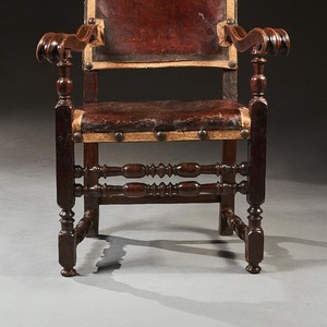 Pair of 17th Century Italian Baroque Parcel-Gilt Walnut Leather Armchairs