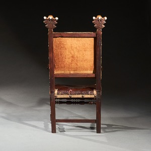 Pair of 17th Century Italian Baroque Parcel-Gilt Walnut Leather Armchairs