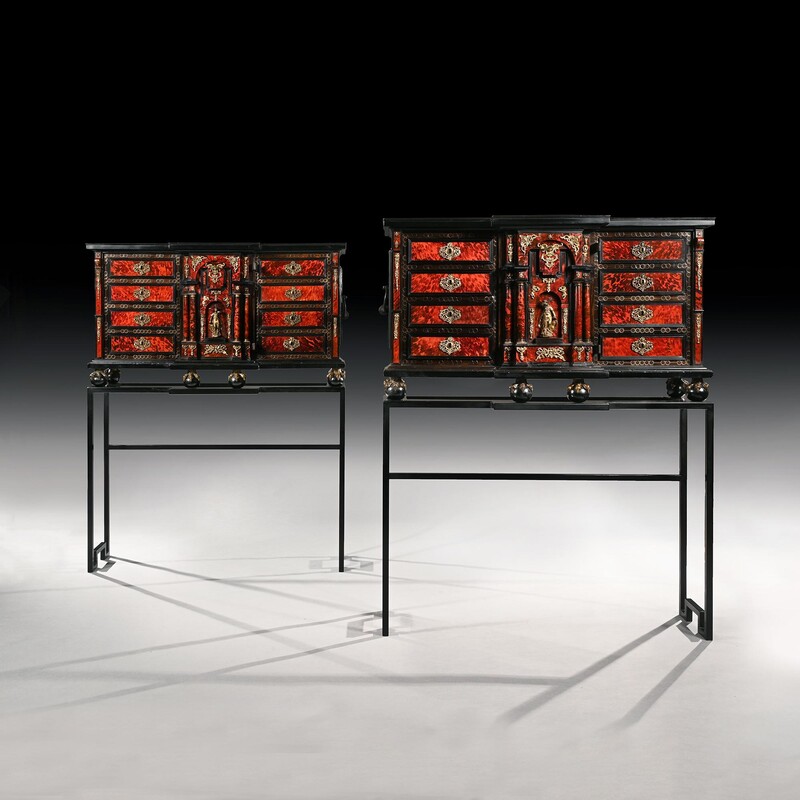 Pair of 17th Century Spanish Baroque Gilt Bronze Mounted Ebonised and Tortoiseshell Cabinets on Stands 