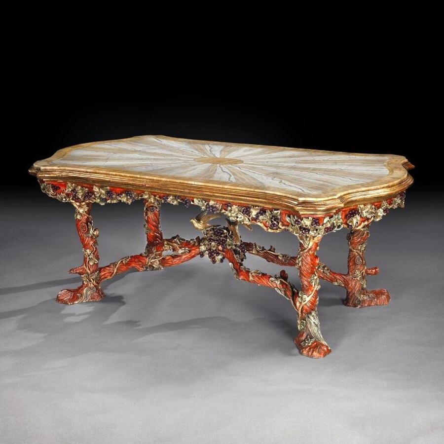 OUTSTANDING ITALIAN CARVED WOOD POLYCHROME CENTRE TABLE WITH ONYX TOP BY Amleto BERTONI