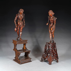 A Fine and Imposing Pair of Large-Scale Carved Walnut Venetian Figures in Elaborate Costume by Valentino Besarel (1829-1902)